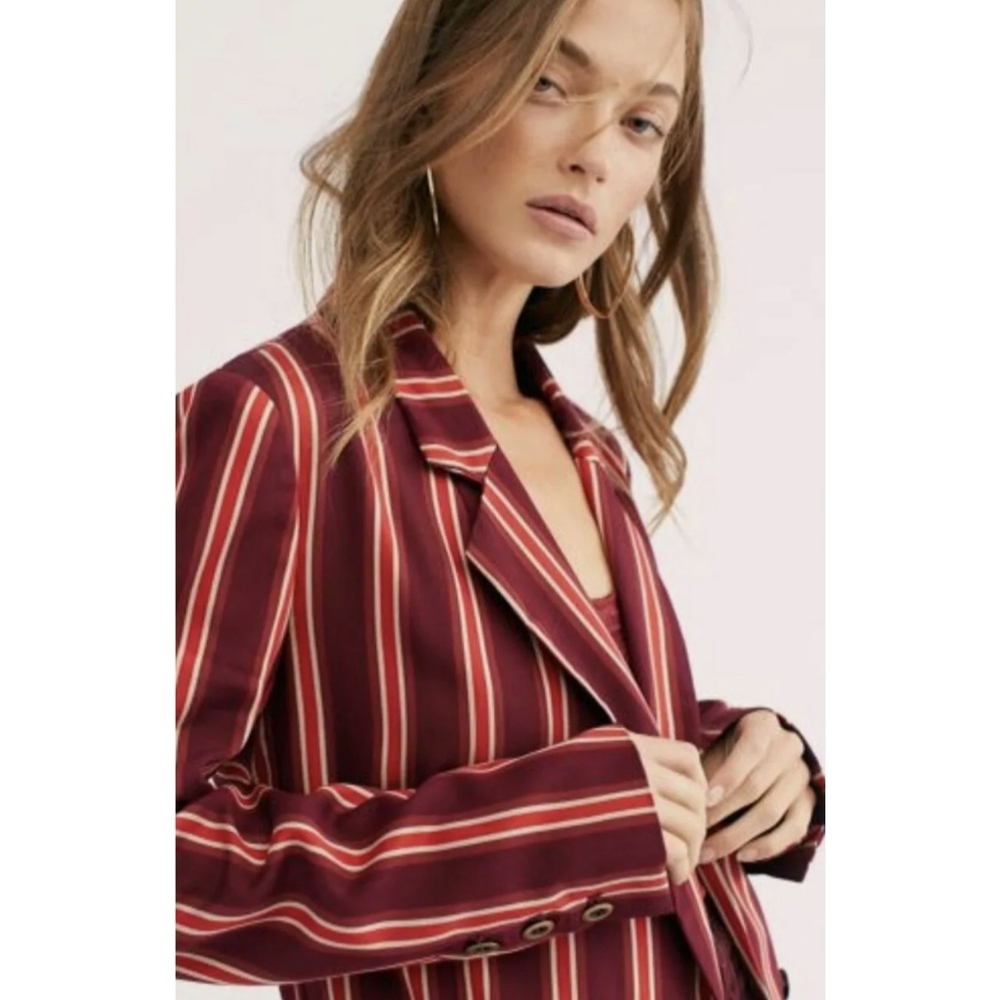 Free People Burgundy Red and Cream Striped Blazer Size Med